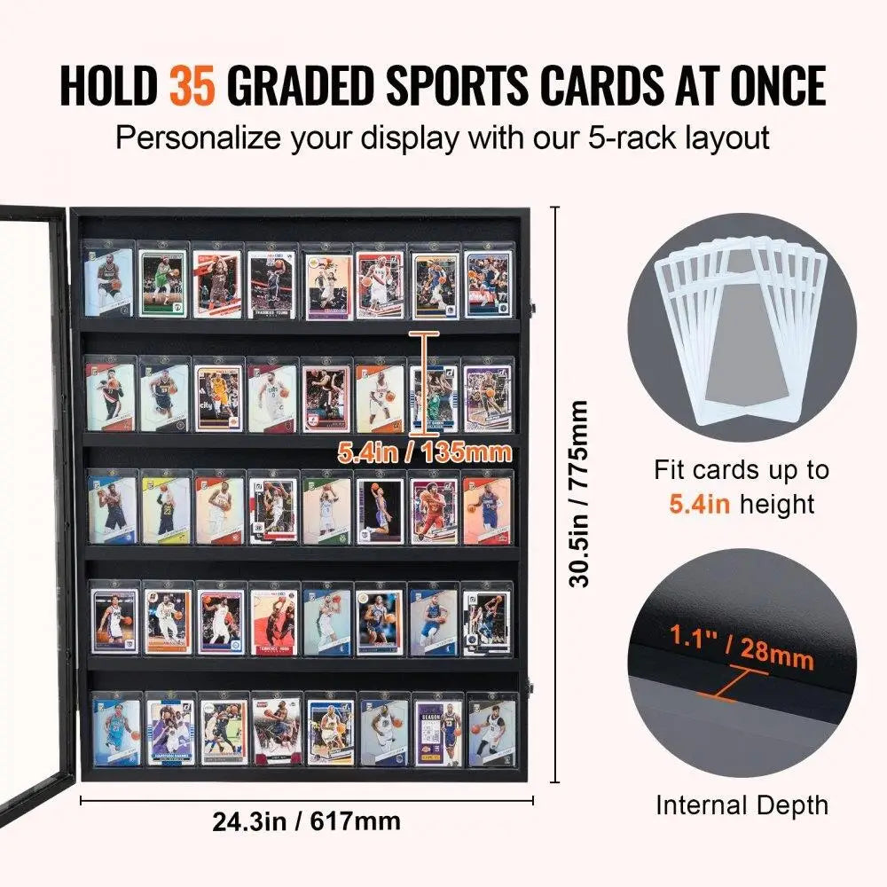 35 Graded Sports Card Display Case 24.3X30.5X2.1In UV Clear View PC Glass Lockable Wall Mount Cabinet for Baseball